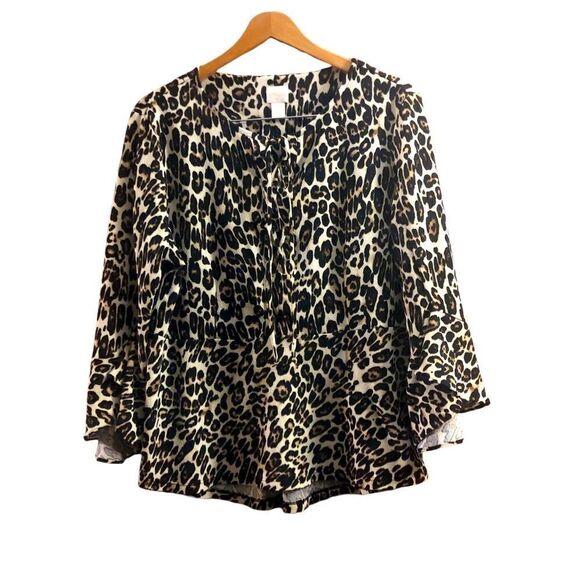 Chico’s Women’s Size 3 Large Cheetah Print Laced Up Blouse With Bell Sleeves - Picture 1 of 7